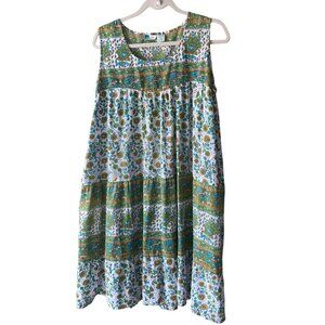 La Cera Vintage Womens Dress Size Large Green Floral Mini Pockets Pure Cotton